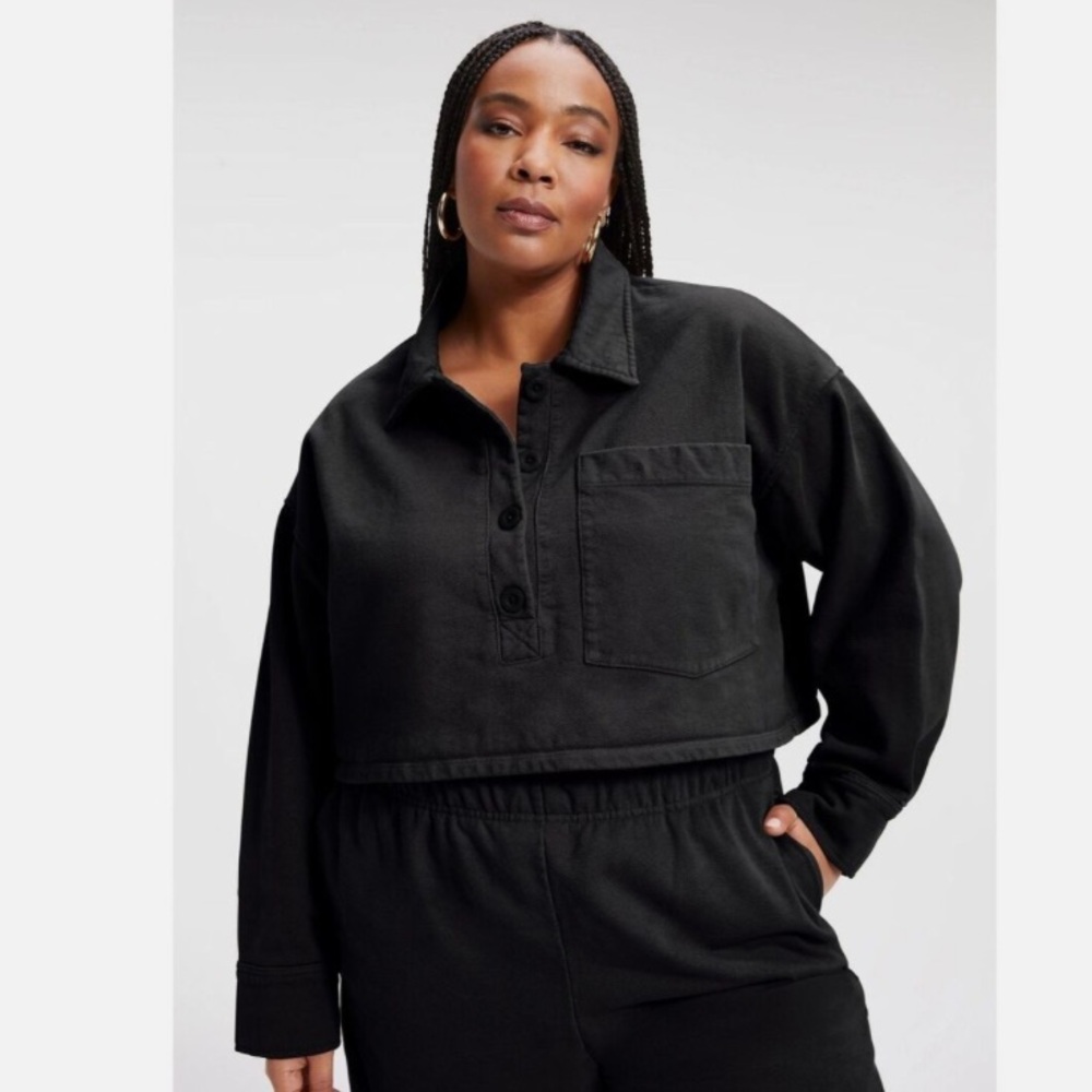 Good American Women's Black Cropped Fleece Polo Sweatshirt Size 5 / Women’s 2XL